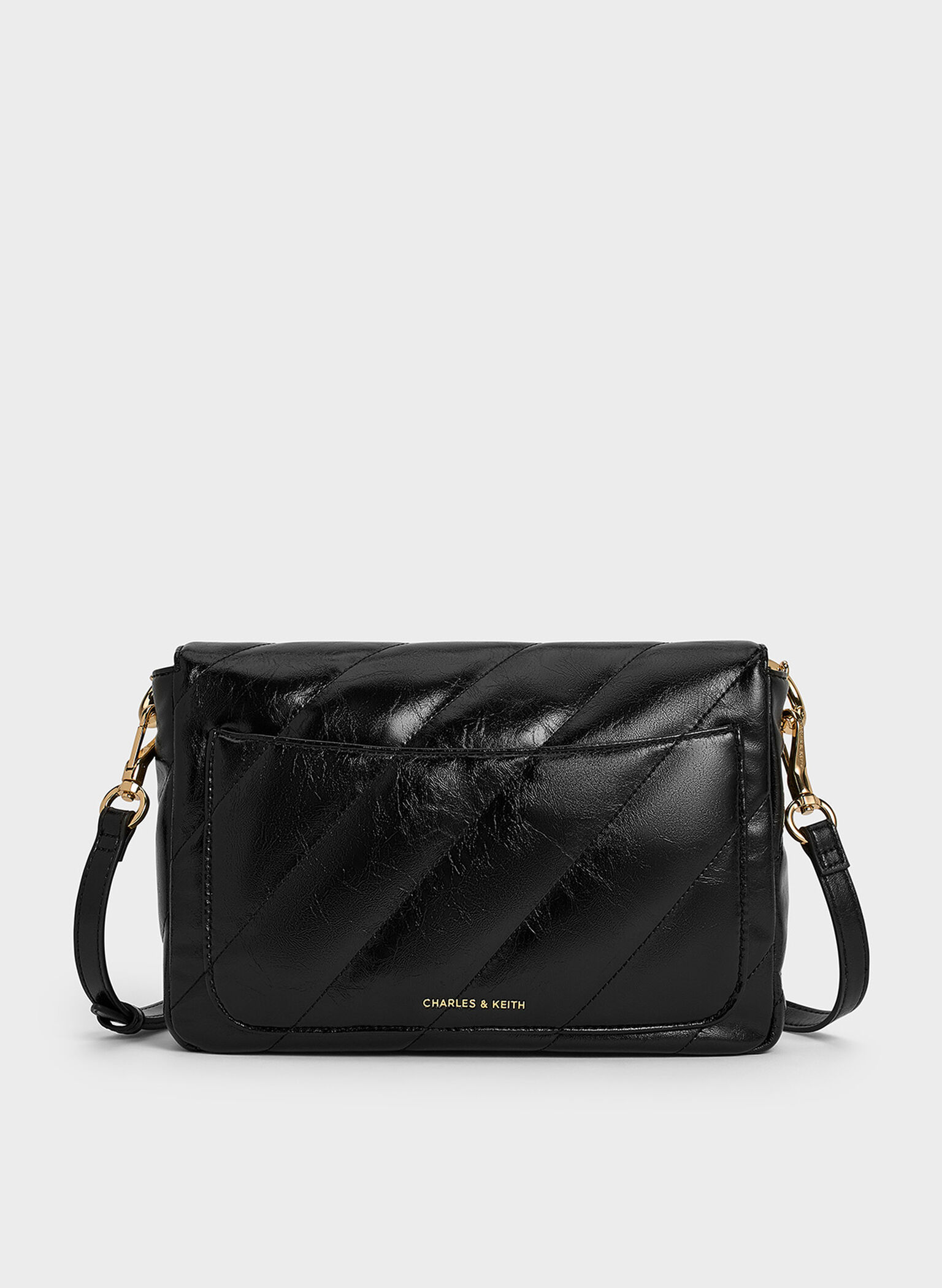 Fawn Panelled Front Flap Chain-Handle Bag, Black, hi-res