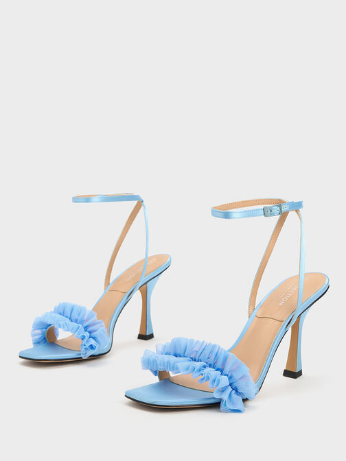 Recycled Polyester Ruffled Mesh Heeled Sandals, Blue, hi-res