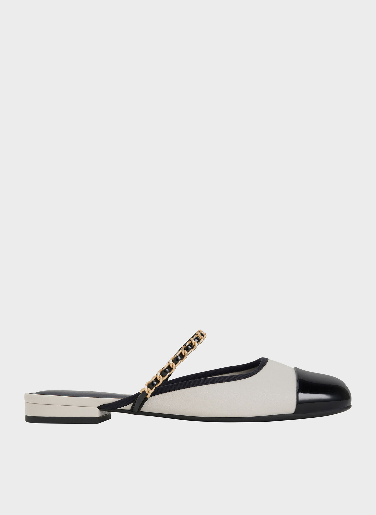 Patent Two-Tone Chain-Strap Mules, White, hi-res