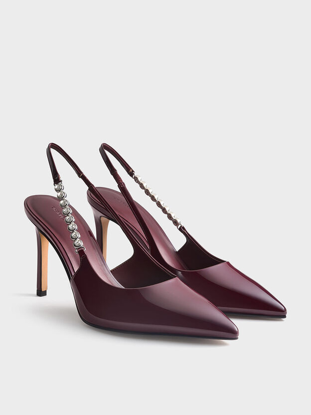 Zapatos de tac&oacute;n slingback Flores con tiras de charol y piedras preciosas, Burdeos, hi-res