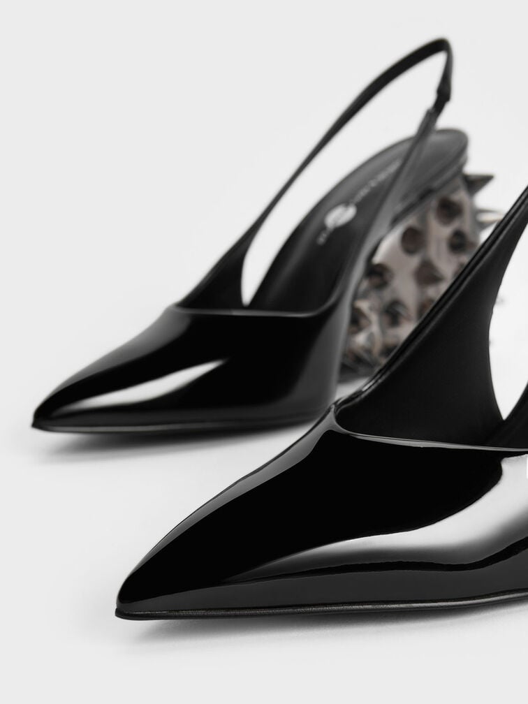Zapatos destalonados de charol con tacón de cuña con picos, Charol negro, hi-res