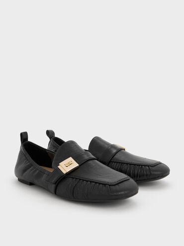Cody Leather Metallic-Buckle Ruched Loafers, Black, hi-res