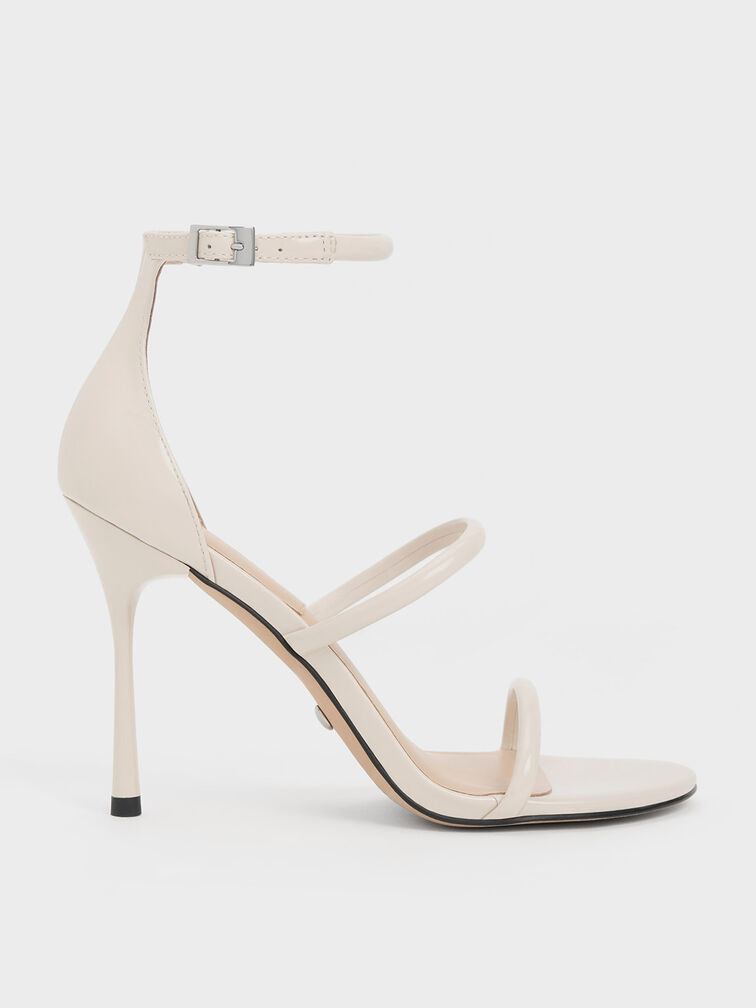 Patent Leather Triple Strap Heeled Sandals, Chalk, hi-res