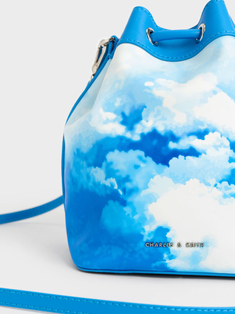 Cloud-Print Braided-Handle Drawstring Bucket Bag, Multi, hi-res