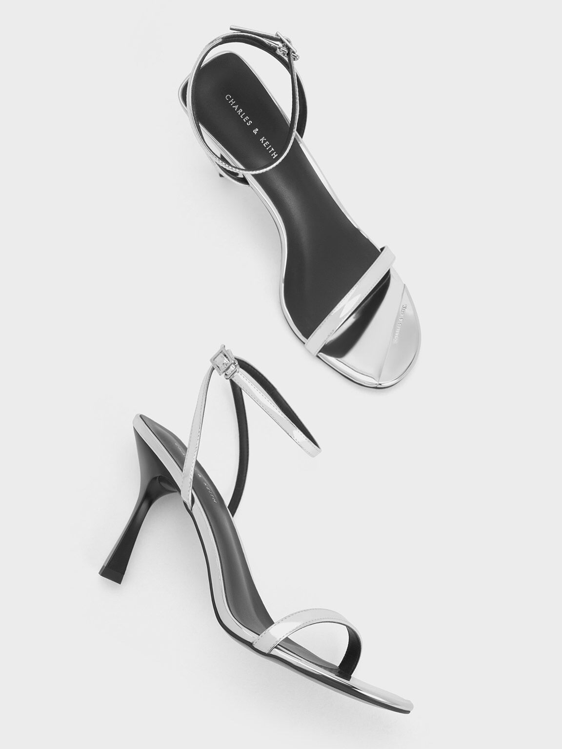Silver Metallic Cap Ankle Strap Heeled Sandals CHARLES KEITH PH