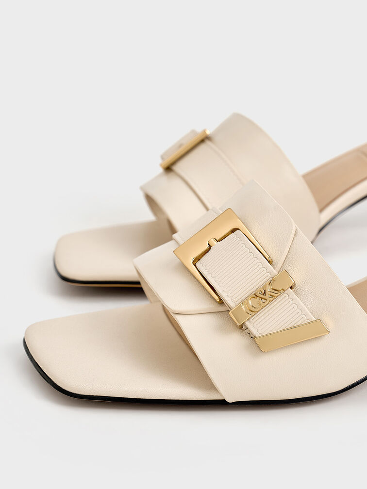 Leather Buckled Block-Heel Mules, Chalk, hi-res