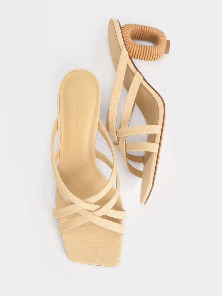 Linen Sculptural-Heel Strappy Mules, Beige, hi-res