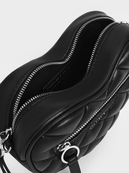 Bolso cruzado Philomena en forma de corazón efecto acolchado, Noir, hi-res