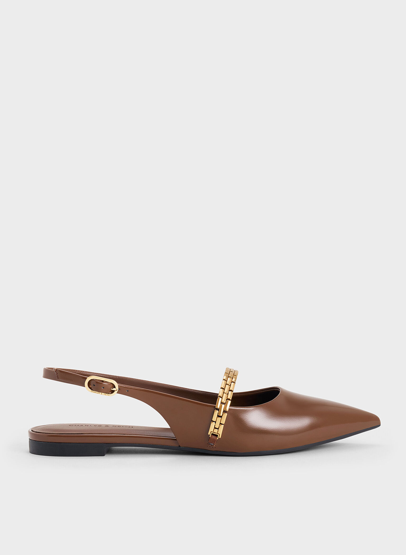 Chain-Strap Pointed-Toe Slingback Flats, Brown, hi-res