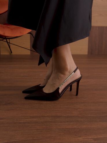 Zapatos de tacón de raso con tiras adornadas y puntera afilada, Negro texturizado, hi-res