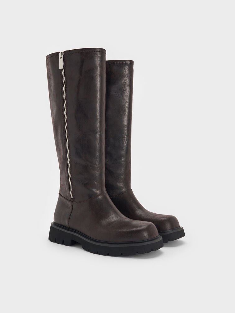 Rosamond Side-Zip Ridged-Sole Knee-High Boots, Dark Brown Textured, hi-res
