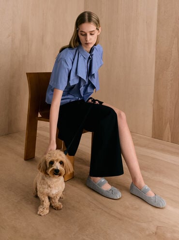 Winona Felt Bow Furry-Strap Mary Jane Flats, Light Grey, hi-res