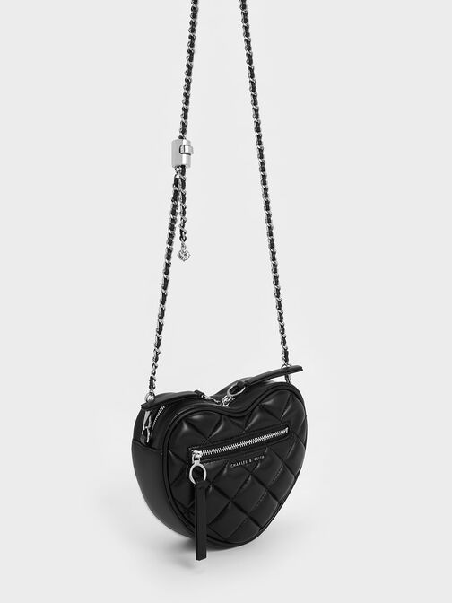 Bolso cruzado Philomena en forma de corazón efecto acolchado, Noir, hi-res