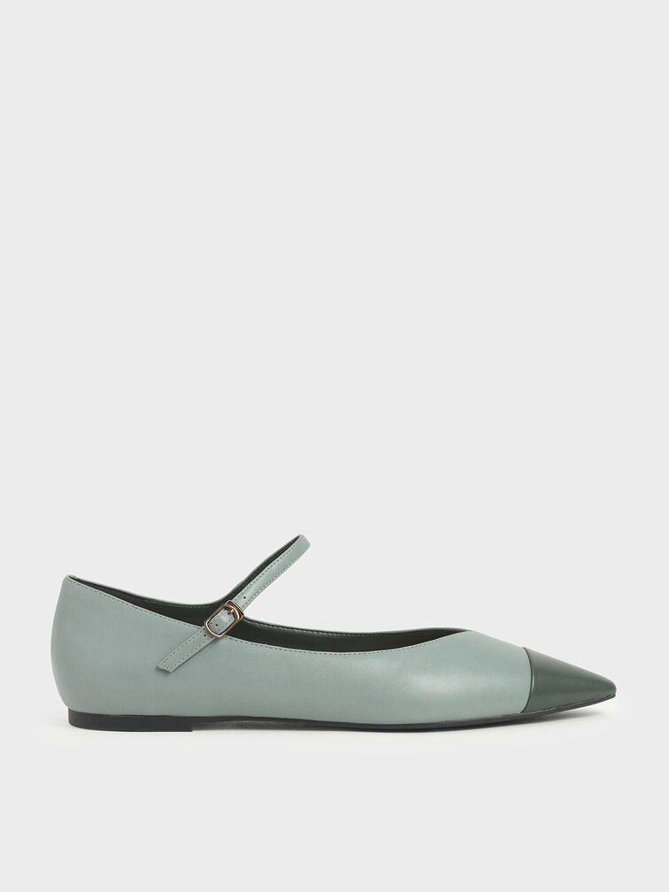 Two-Tone Pointed Toe Mary Jane Flats, Slate Blue, hi-res