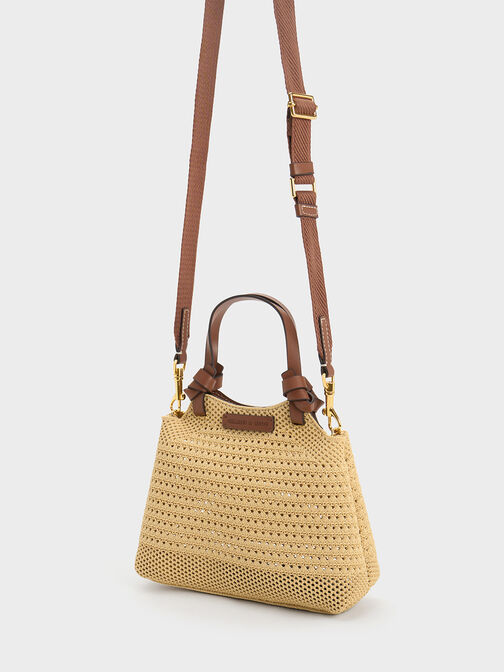 Bolso tote tejido con asa anudada, Beige, hi-res