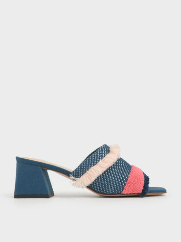 Multicoloured Woven Fabric Mules, Teal, hi-res