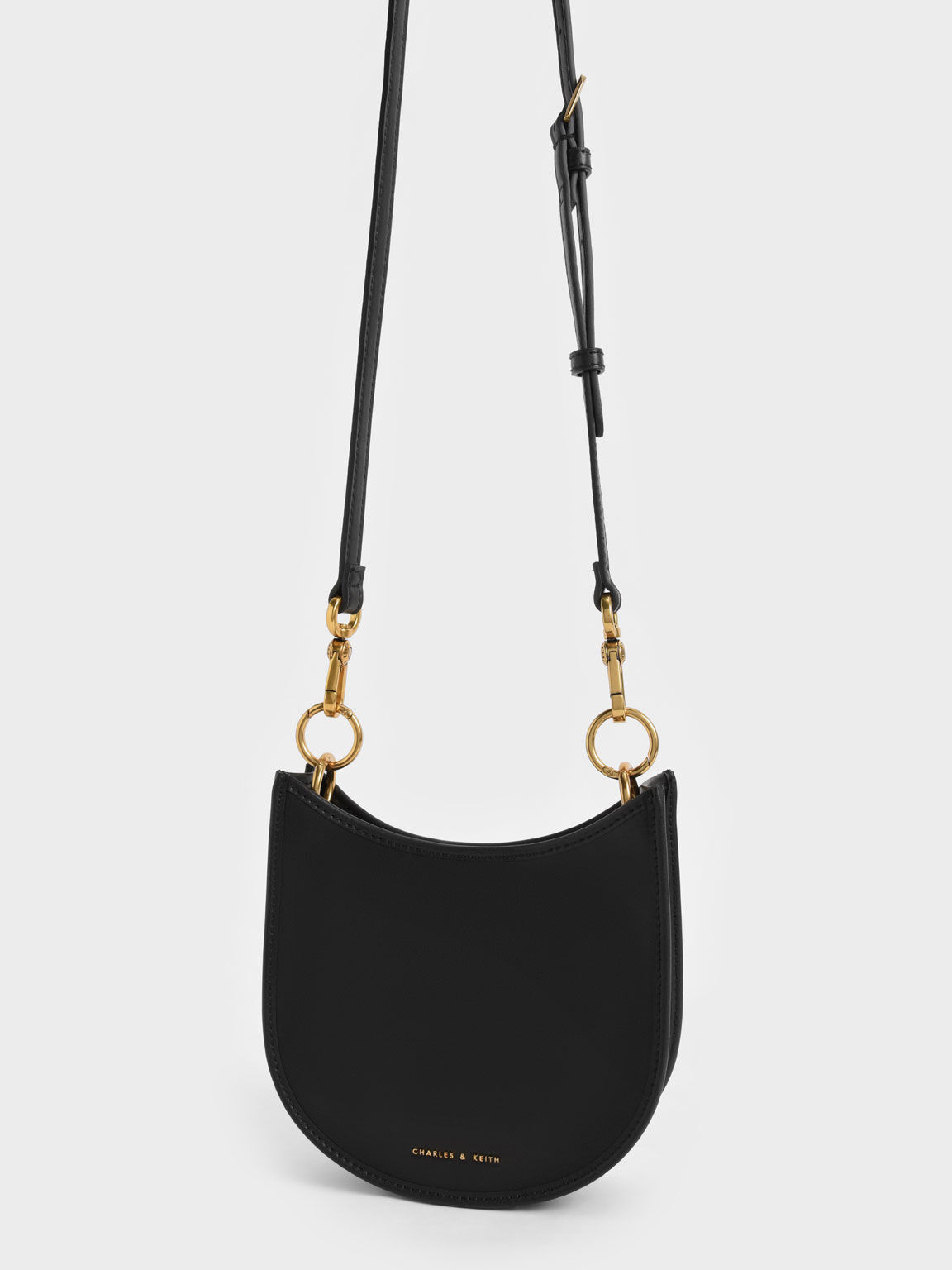 Ring Detail Curved Crossbody Bag, Black, hi-res
