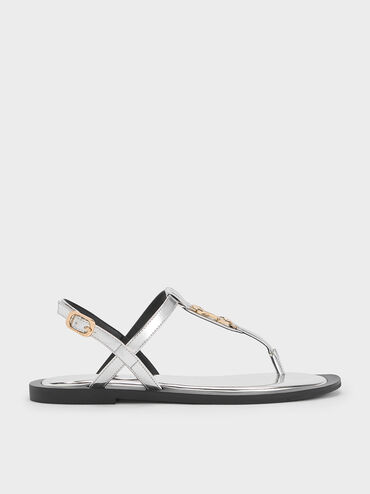 Metallic-Accent Thong Sandals, Silver, hi-res