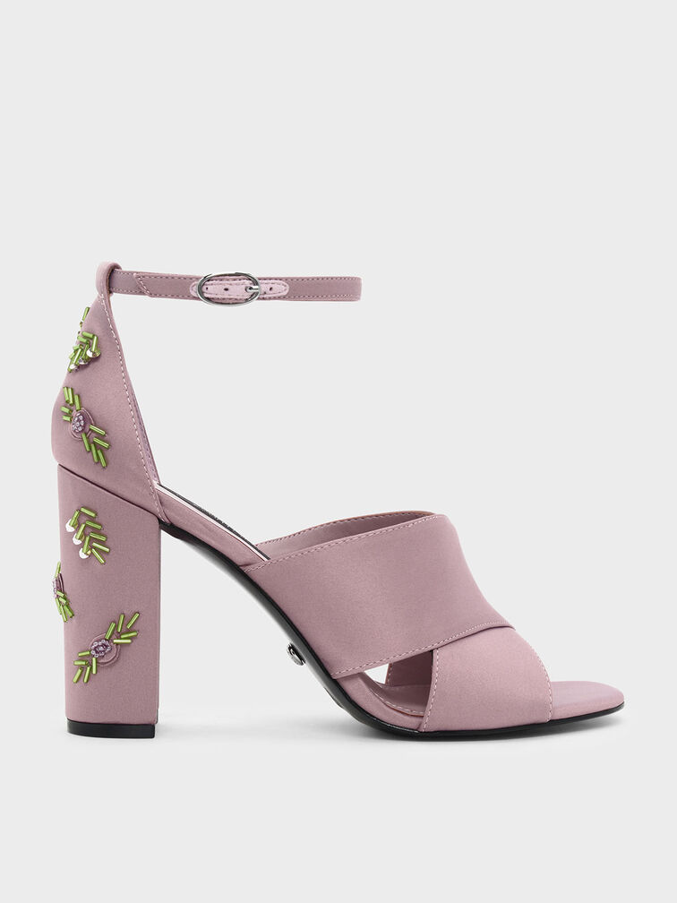 Embellished Block Heel Satin Sandals, Pink, hi-res