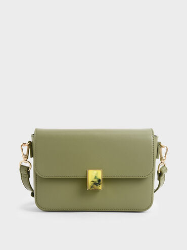 Leather Embellished Push-Lock Crossbody Bag, Sage Green, hi-res