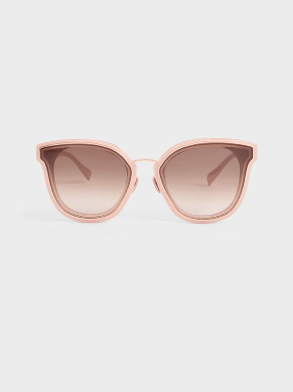 Gold-Trim Rectangular Sunglasses, Pink, hi-res