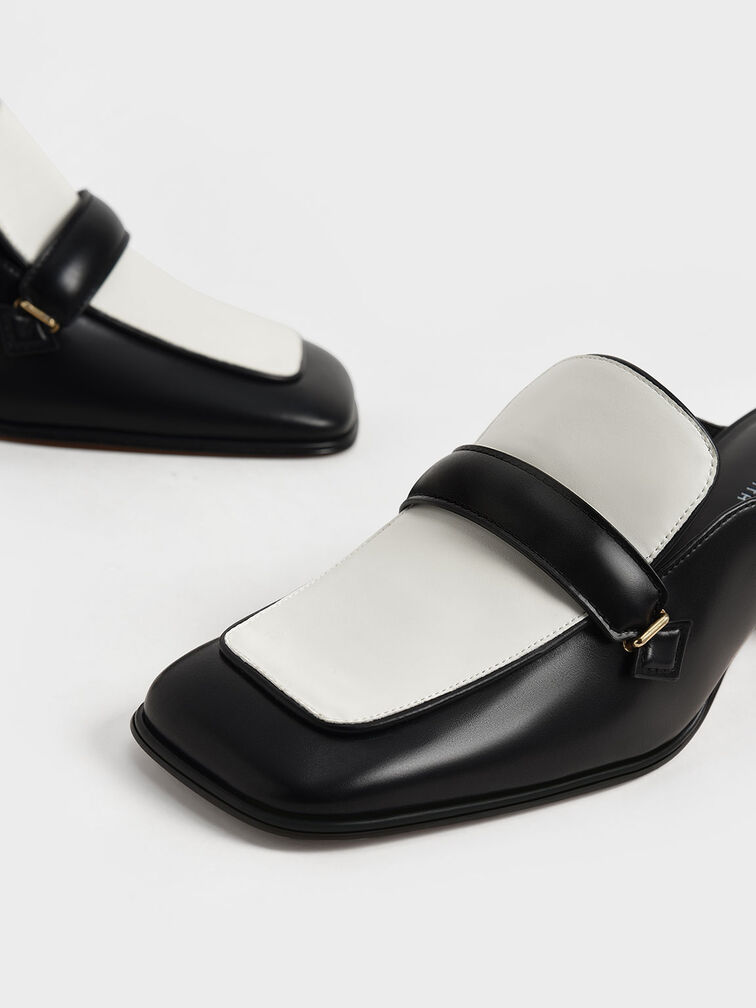 Two-Tone Block Heel Loafer Mules, Black, hi-res