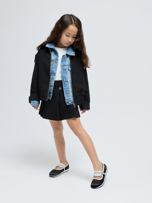 Girls' Satin Scallop-Trim Mary Jane Sneakers, Black Textured, hi-res