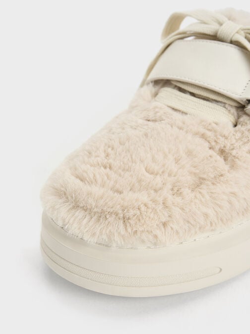 Gabine Leather Furry Sneakers, Beige, hi-res