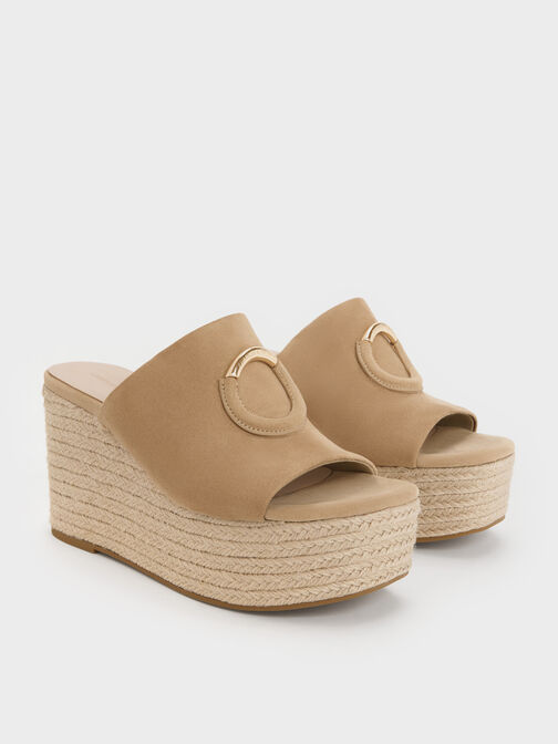 Faux Suede Metallic-Accent Espadrille Wedges, Sand, hi-res