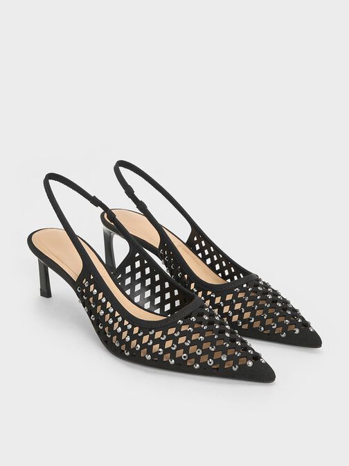 Zapatos destalonados recortados con tacón bajo y tachuelas, Negro, hi-res