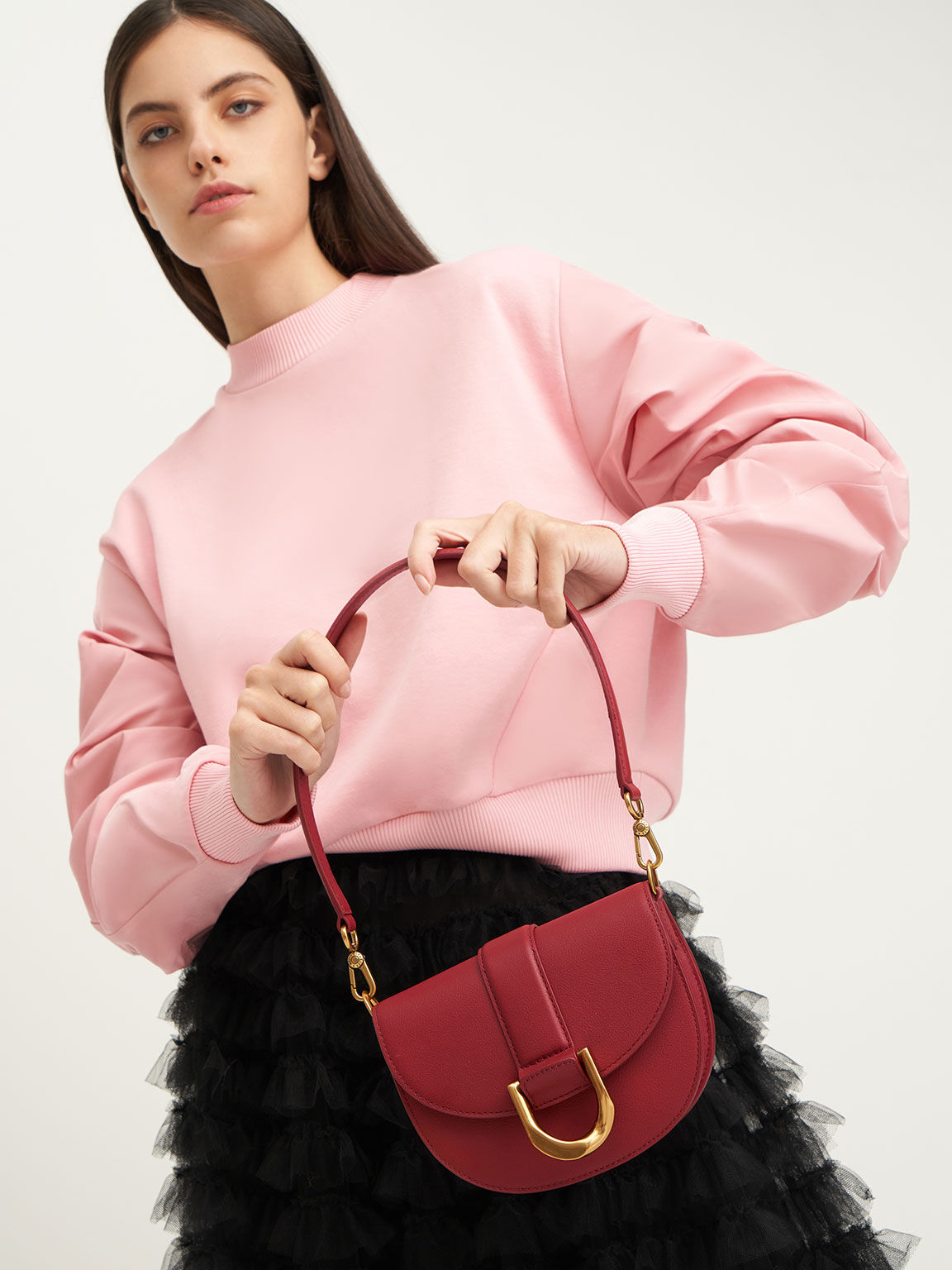 Mini Gabine Leather Saddle Bag, Red, hi-res