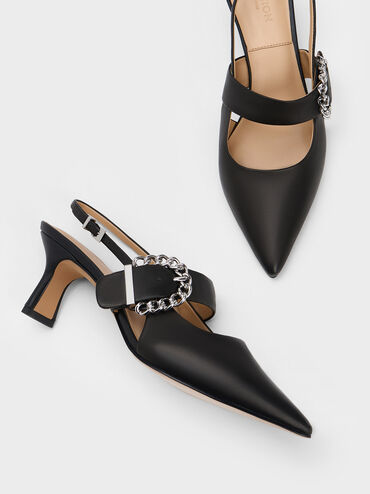 Chain-Buckled Leather Slingback Pumps, Black, hi-res