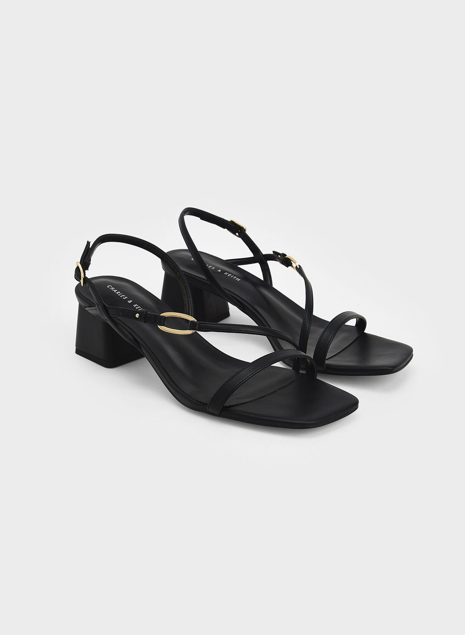Metallic Accent Strappy Block Heel Sandals, Black, hi-res