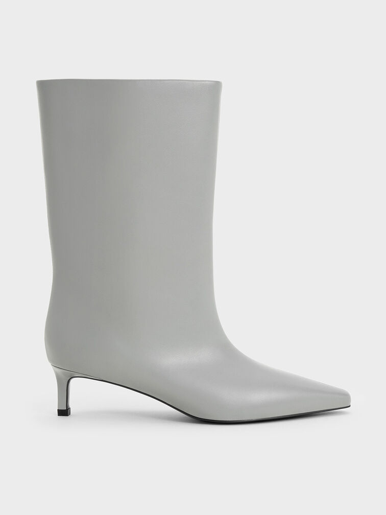 Elongated Tapered-Toe Kitten-Heel Calf Boots, Grey, hi-res