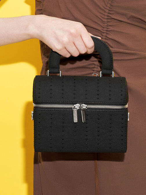 Padded Handle Textured Crossbody Bag, Black, hi-res