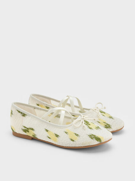 Girls' Mesh-Floral Crossover Ballet Flats, Multi, hi-res