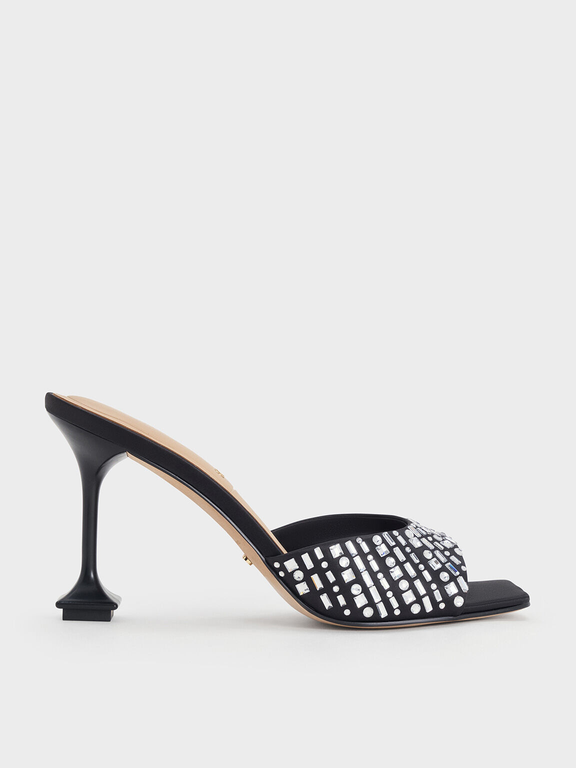 Black Textured Jacqueline Recycled Polyester Crystal Embellished Sculptural Heel Mules CHARLES KEITH BH