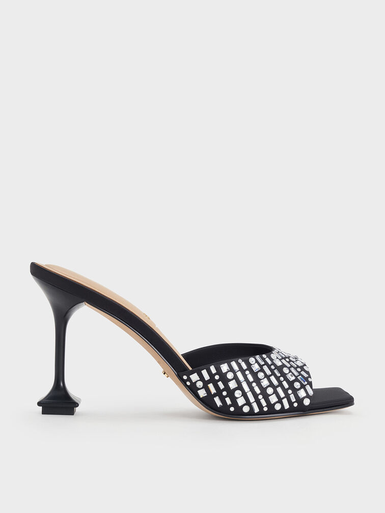 Mules en polyester recyclé à strass et talon sculpté Jacqueline, Noir Texturé, hi-res