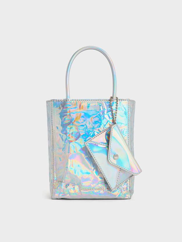 Bolso tote Matina Holographic alargado con efecto arrugado, Prisma plateado, hi-res