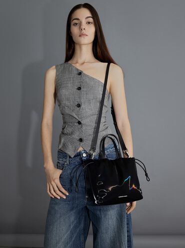 Mini Bethel Shiny Ruched Drawstring Tote Bag, Jet Black, hi-res