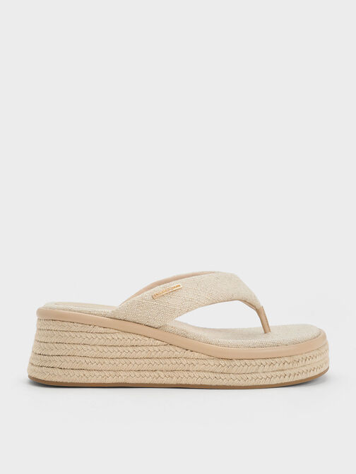 Linen Espadrille Thong Sandals, Beige, hi-res