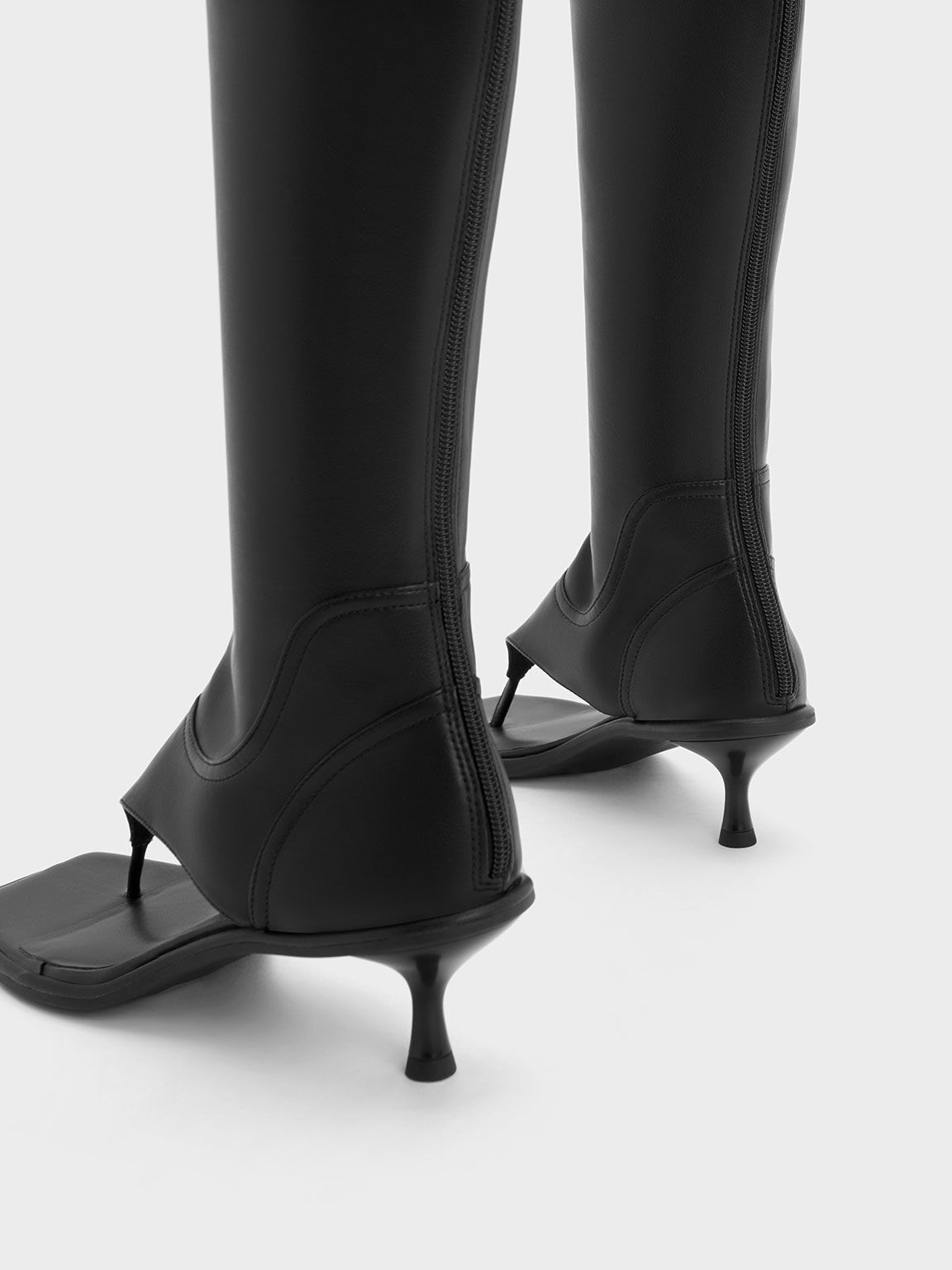 Black Kitten Heel Thong Knee-High Boots - CHARLES & KEITH KR
