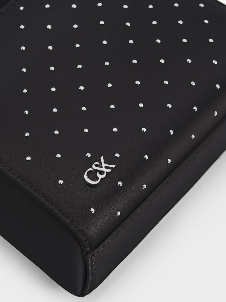 Satin Studded Knot-Bow Mini Bag, Noir Studded Satin, hi-res