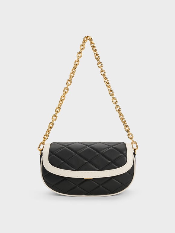Lillie Curved Chain Handle Bag, Black, hi-res