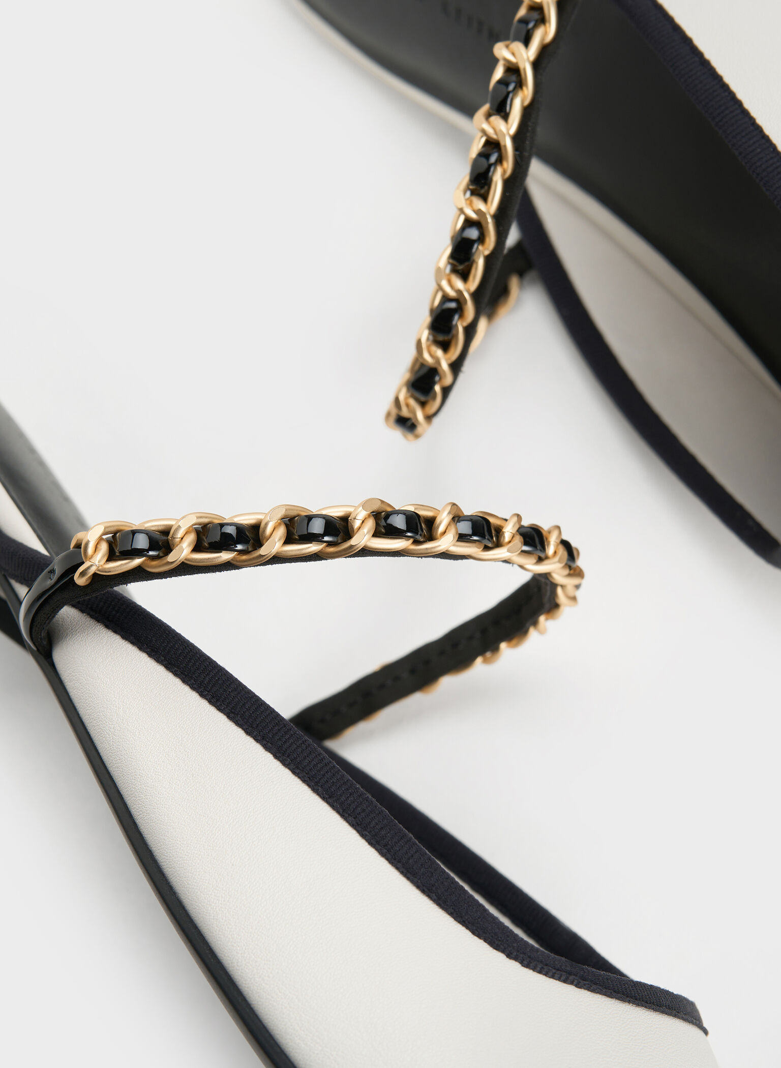 Patent Two-Tone Chain-Strap Mules, White, hi-res