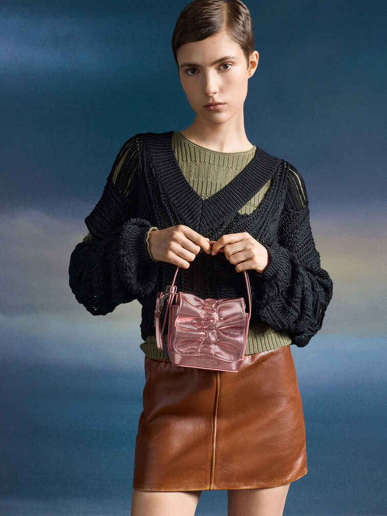 Kadee Metallic Bow-Charm Ruched Mini Bag, Aura Pink, hi-res