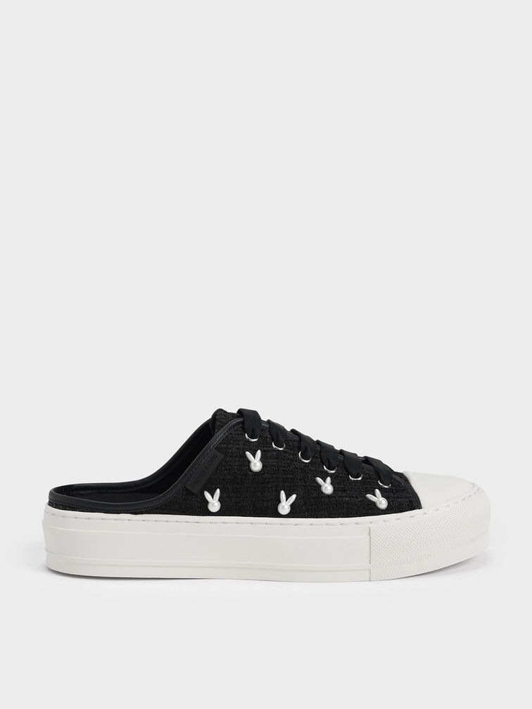 Zapatillas Deportivas sin Cordones de Tweed con Motivo de Conejo, Negro, hi-res