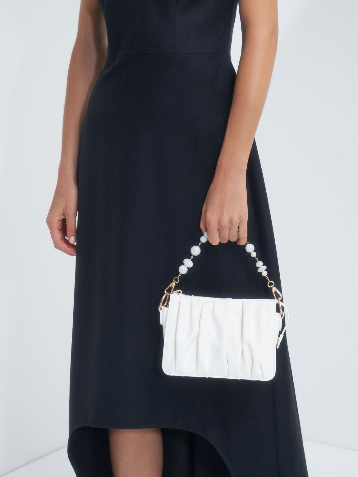 Beaded Strap Ruched Shoulder Bag, White, hi-res