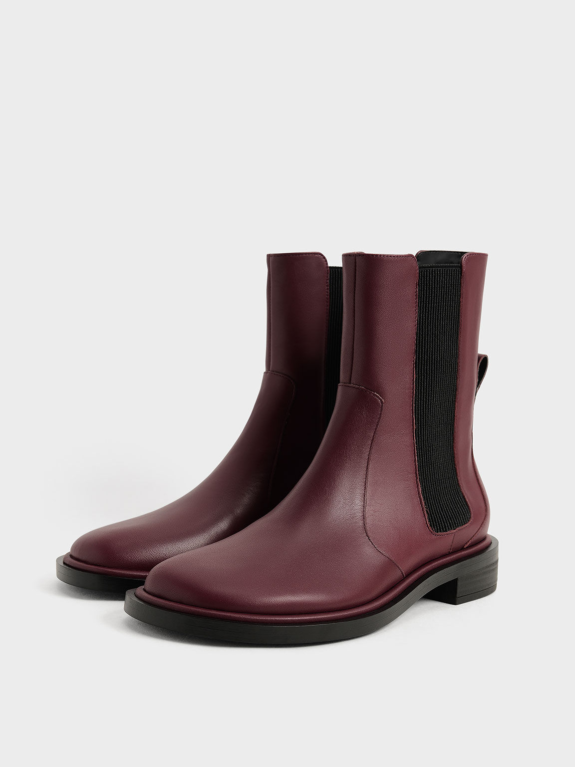 Burgundy Leather Round-Toe Chelsea Boots - CHARLES & KEITH VN