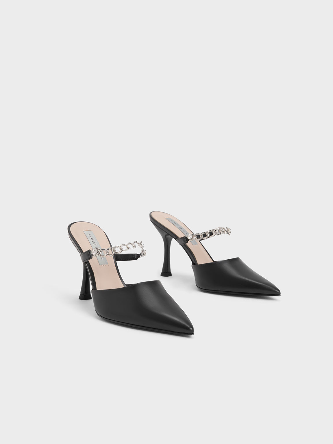 Black Chain-Link Strap Heeled Mules - CHARLES & KEITH KH